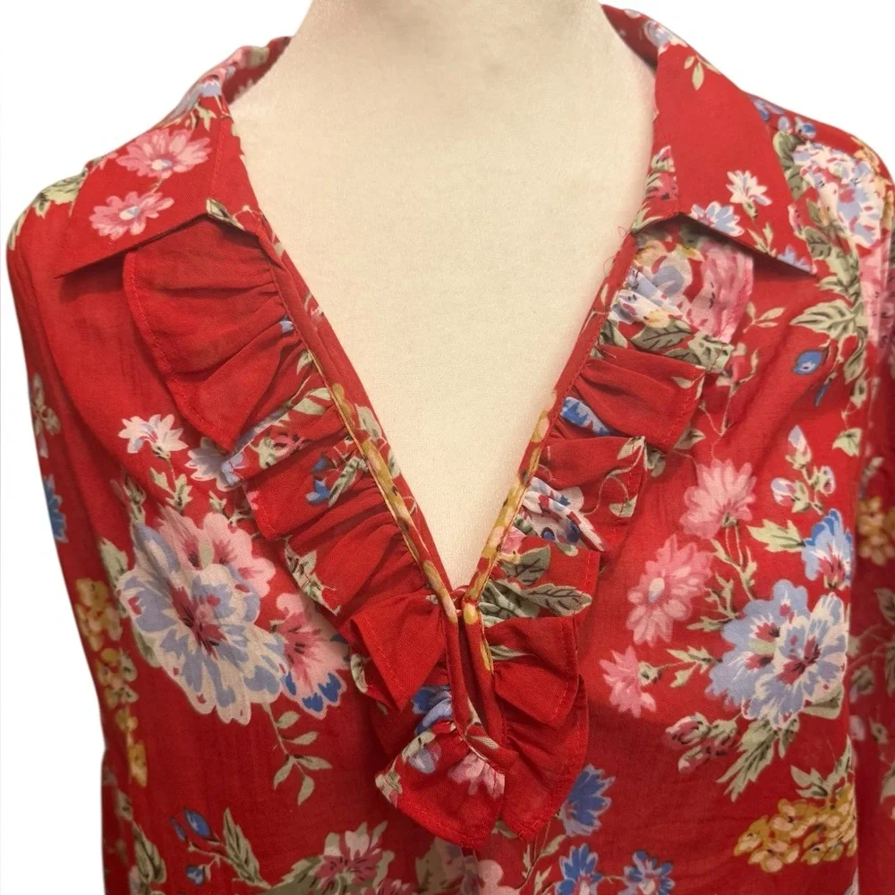 Gerard Darel Paris red cotton floral blouse. Size 46 (XL). Mint condition. - Picture 5 of 9